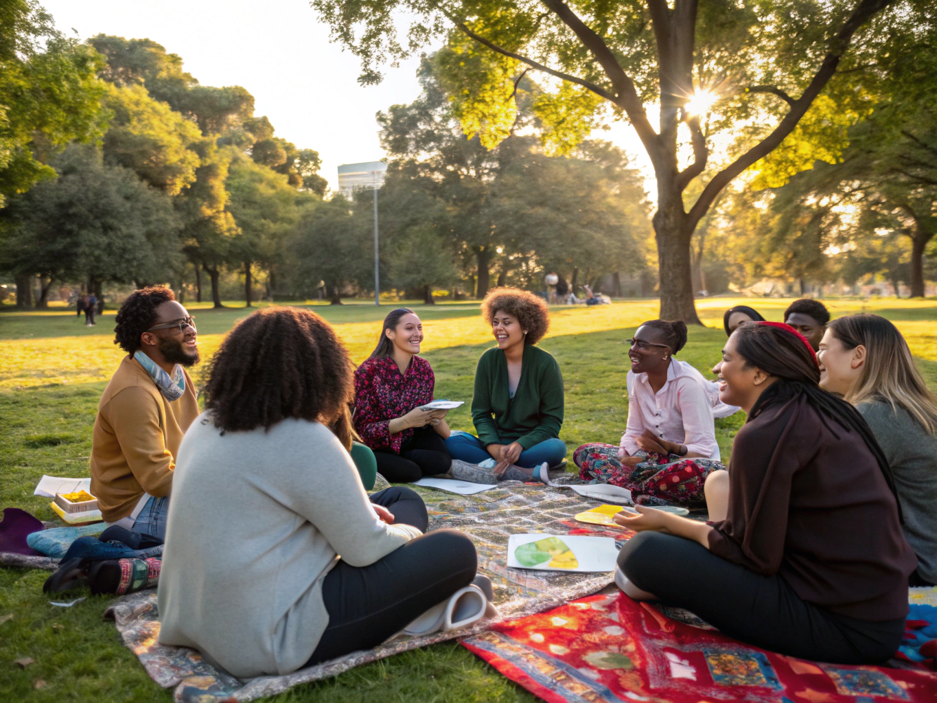 Mulheres conversando e sorrindo num piquenique comunitário num parque verde