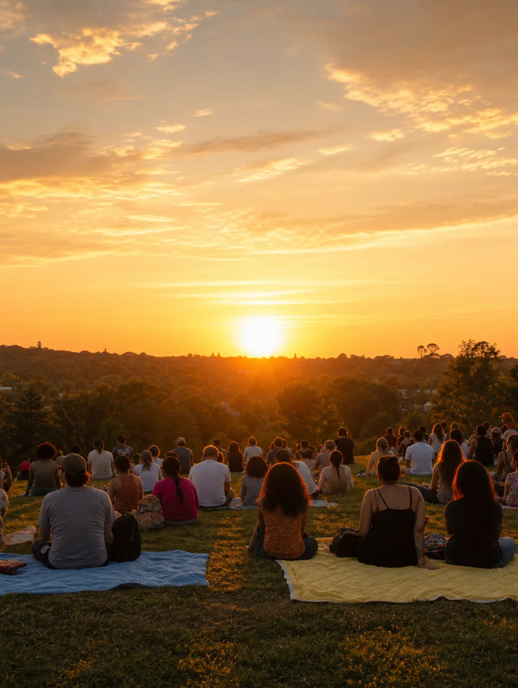 Membros da Insubmissas LBTQ+ reunidas ao ar livre num piquenique comunitário ao pôr do sol em Portugal