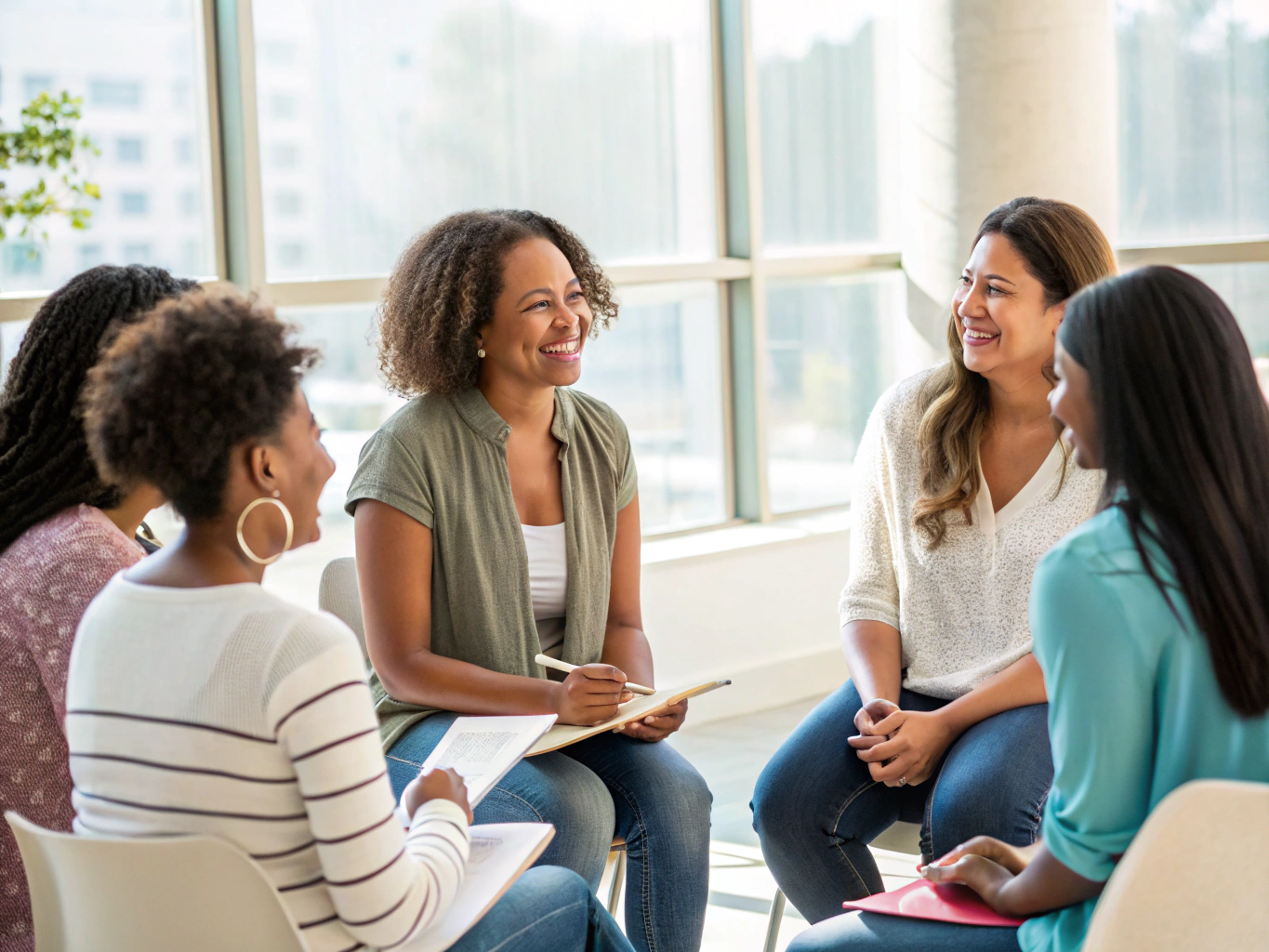 Roda de conversa com mulheres sentadas em almofadas num espaço acolhedor e iluminado