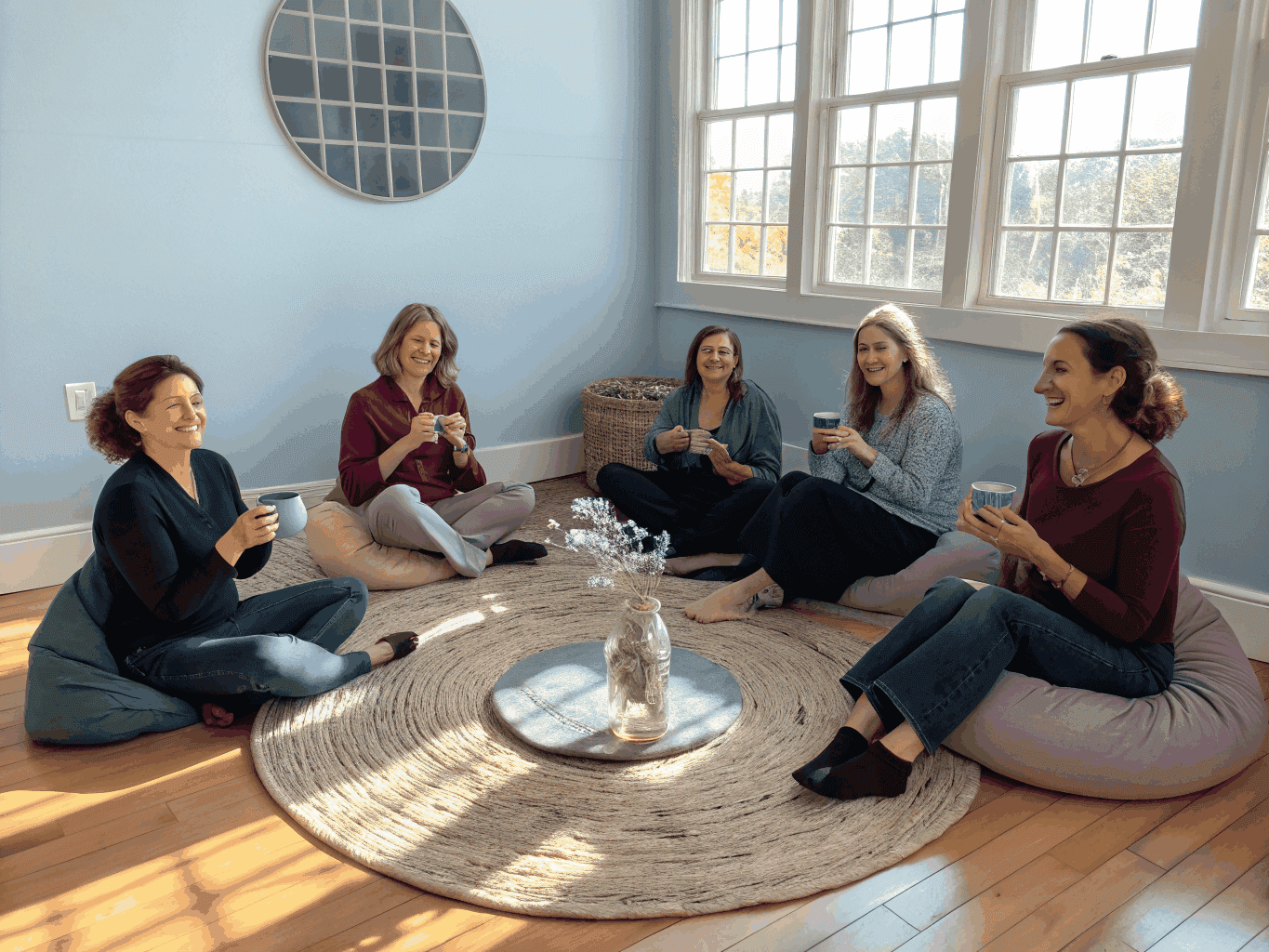 Roda acolhedora de apoio mútuo com mulheres sentadas em almofadas conversando