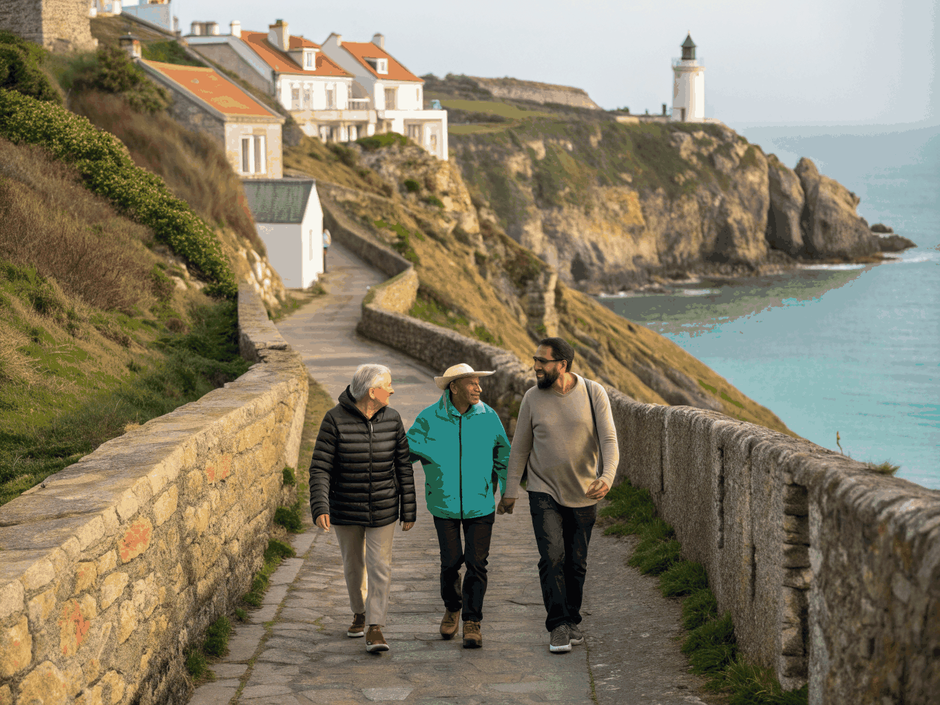 Grupo de mulheres caminhando num passadiço de madeira junto ao mar aberto